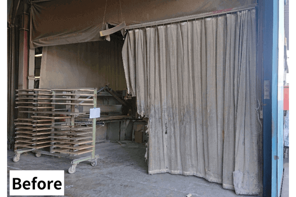 木工部品の塗装工場の使い古した糸入りビニールカーテン
