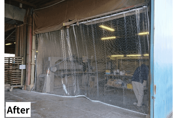 木工部品塗装工場の新調した糸入りビニールカーテン